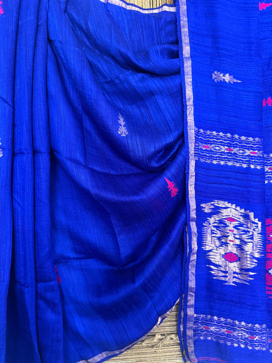 Bright Royal Blue jamdani handwoven pure Matka  silk certified sari