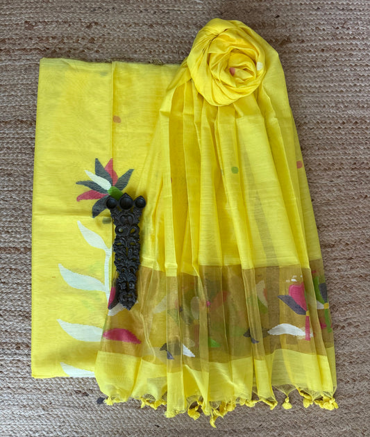 Corn Yellow handwoven jamdani pure cotton silk kurta set mjk
