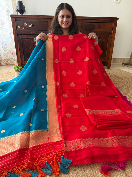Amaranth Red raw silk certified handloom banarsi kadwa butti with woven zari three piece suit