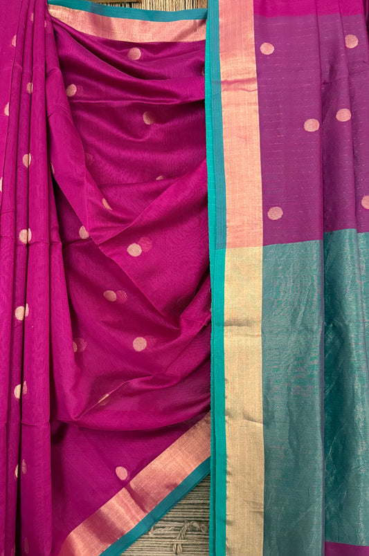 Rani Pink & Teal Blue handloom Cotton silk Jamdani woven sari