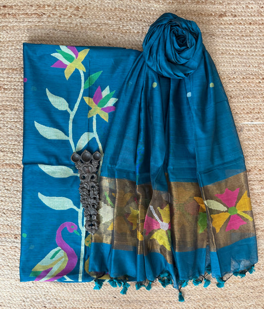 Peacock Blue handwoven jamdani pure cotton silk kurta set mjk