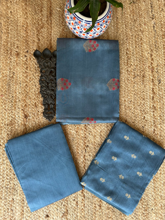 DUSTY BLUE BANARASI CHANDERI  HANDLOOM THREE PIECE  SET SUIT