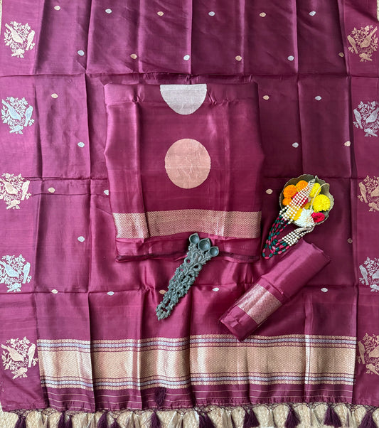 Athletic Maroon Katan silk certified handloom banarsi kadwa booti three piece suit   cbs-58