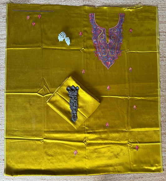 MUSTARD MASHRU SILK HAND EMBROIDERY KASHMIRI HANDEMBROIDERY SOZNI WORK CORD SET Cs-19