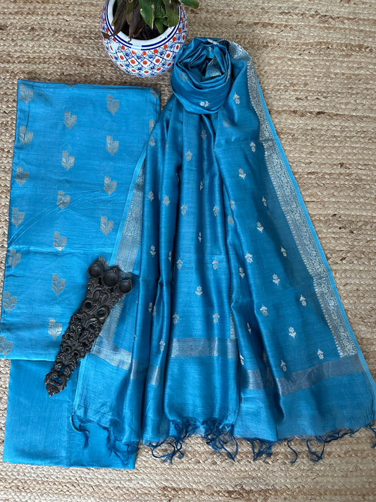 Ocean Blue Chanderi handloom Banarsi Booti three piece suit
