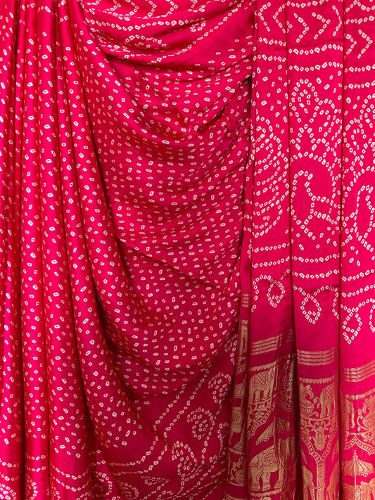 PINK BANDHANI  MODAL SILK PATOLA PRINT SARI WITH NAKSHI ZARI BORDER