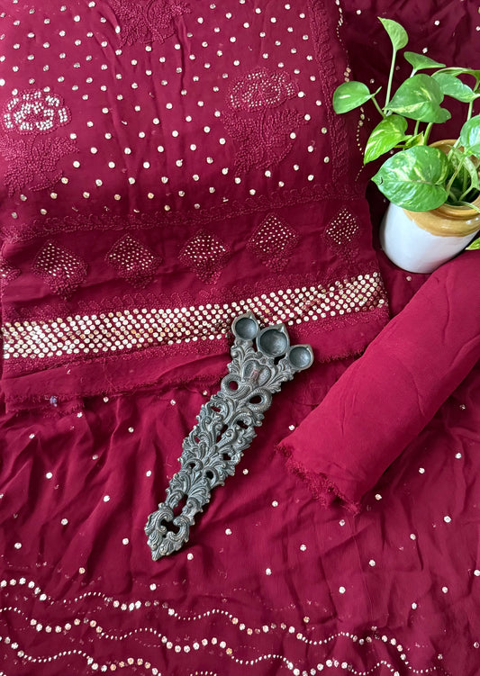Deep Maroon premium mukesh work Georgette lucknowi chickenkari hand embroidery three piece suit