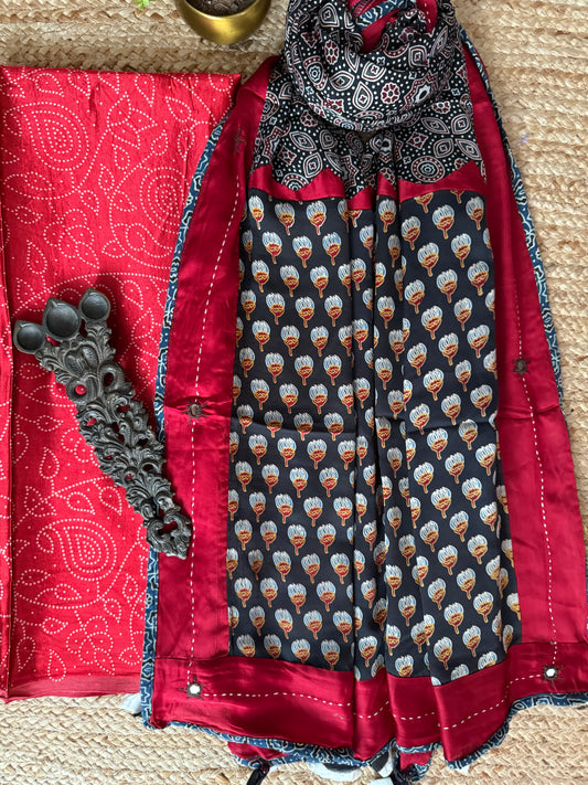 RED MASHRU SILK KURTA WITH AJRAKH PATCHWORK  HANDCRAFTED  MODAL SILK DUPATTA PWK-22