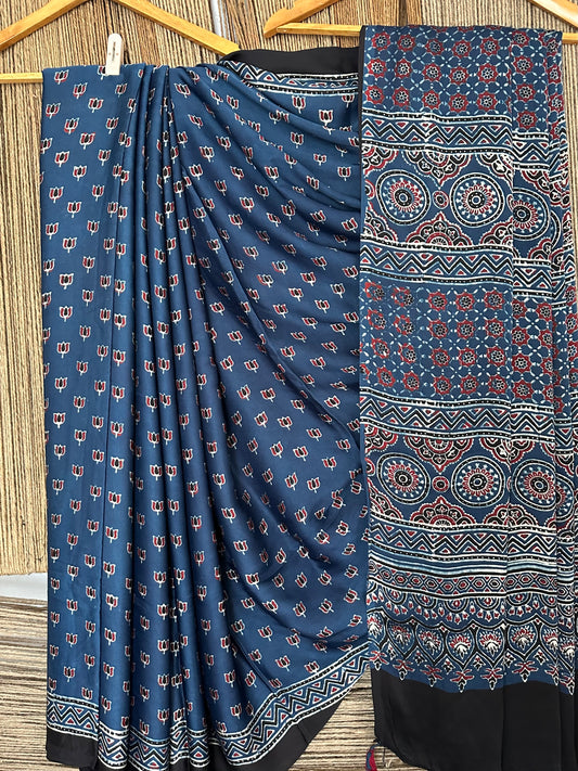 INDIGO  LOTUS  AJRAKH MODAL SILK SARI WITH BORDER