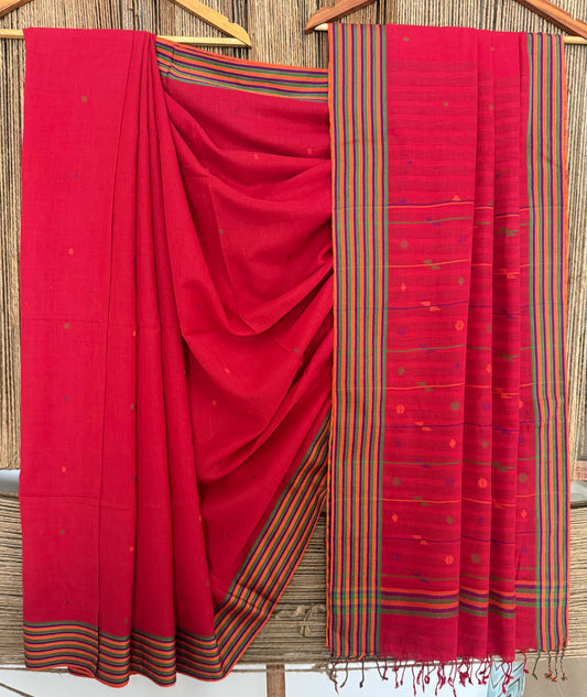 Red handloom cotton needle jamdani wove sari