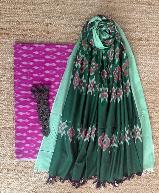 ROSE PINK MERCHANDISE COTTON HANWOVEN KURTA WITH IKKAT PURE COTTON SILK PATOLA HANDWOVEN DUPATTA