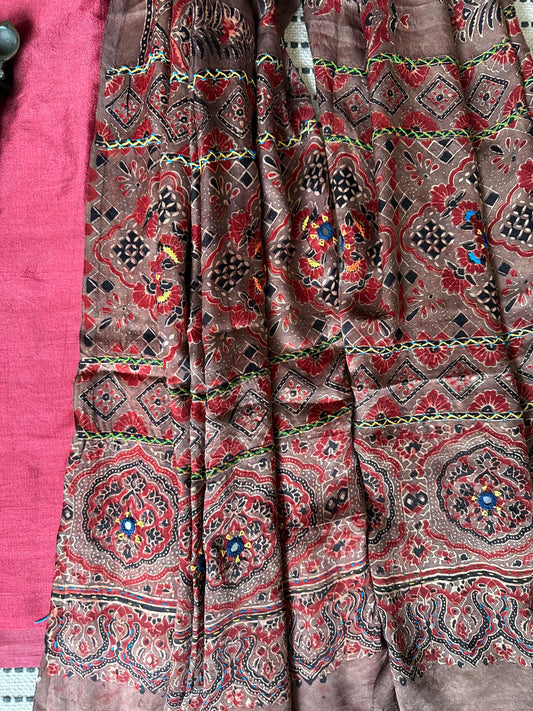 MAROON  MASHRU SILK KURTA WITH AJRAKH EMBROIDERY HANDCRAFTED MODAL SILK DUPATTA