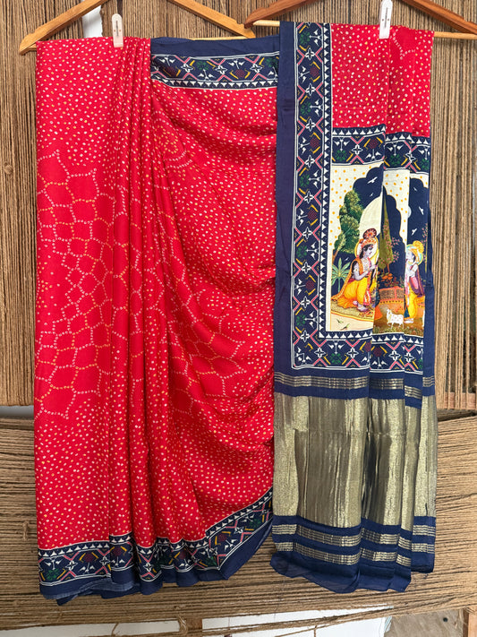 Red  blue  modal silk patola print sari with zari border pms- 1080
