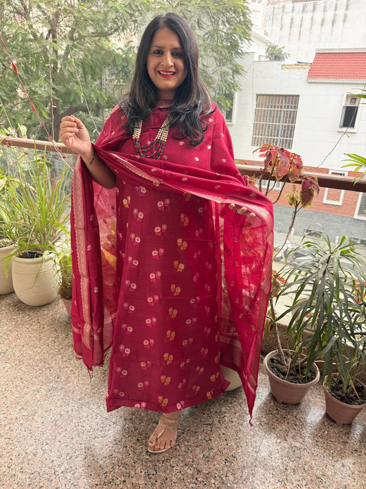 Candy Red  Chanderi handloom  Banarsi Booti three piece suit  CBS-302