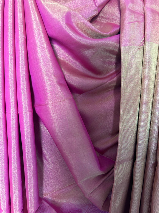 FUSCHIA PINK TISSUE LINEN ZARI SARI WITH WOVEN MAROON BORDER