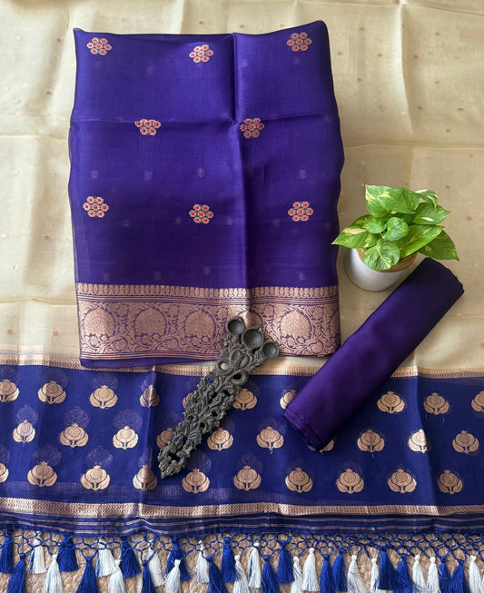 Royal Purple kora silk certified handloom banarsi kadwa butti with woven zari three piece suit