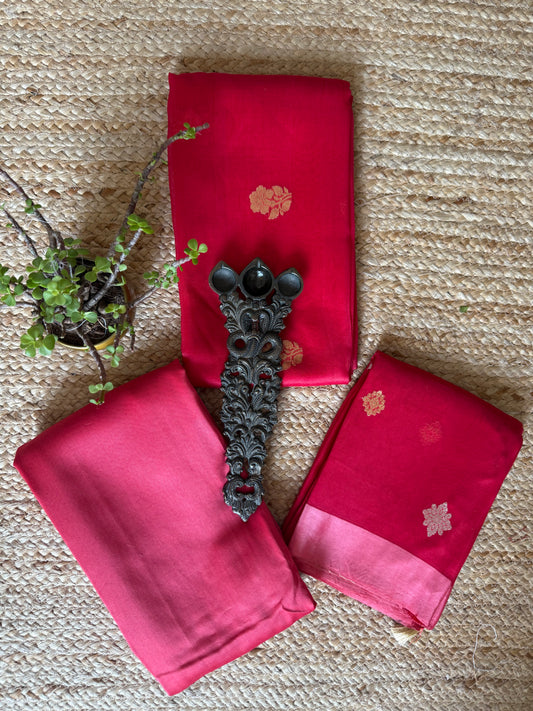 Imperial Red Kora silk certified handloom Banarsi kadwa Booti three piece suit