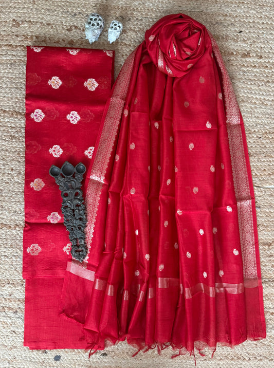 Red Chanderi Handloom Banarsi Booti Three Piece Suit