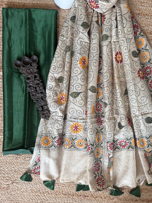 Green Solid mashru silk kurta with Natural Beige kantha work hand embroidery  Pure Tussar Silk dupatta