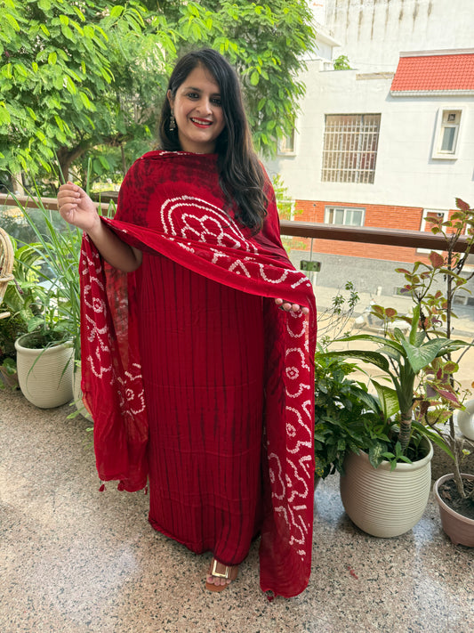 Red & Black Modal Silk Shibori Kurta with Bandhani Shibori  handcrafted Modal Silk Dupatta sbs-7