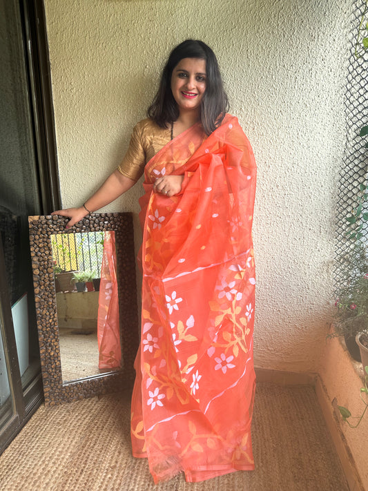 PEACH JAMDANI HANDWOVEN PURE MUSLIN SILK SARI  MJS-4