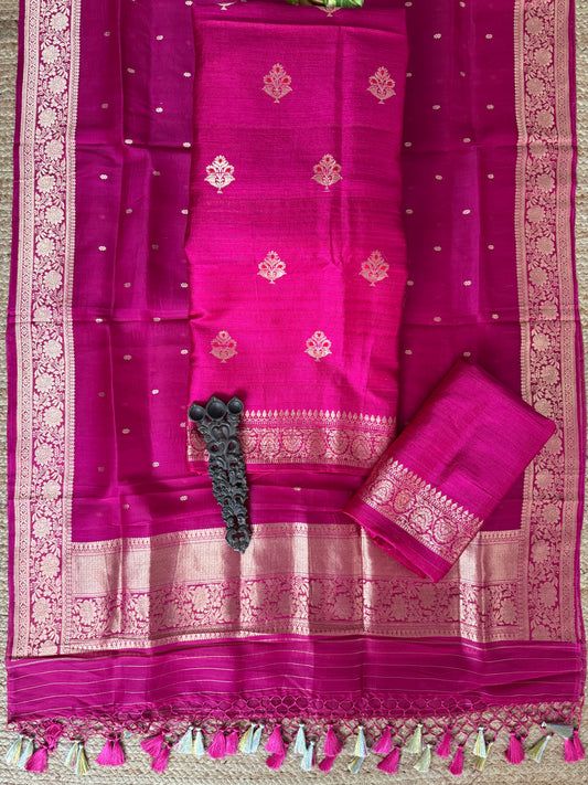 Bright pink raw silk certified handloom banarsi kadwa butti with woven zari three piece suit