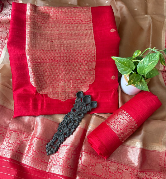 TOMATO PANTONE RAW SILK CERTIFIED HANDLOOM BANARSI KADWA BUTTI WITH WOVEN ZARI THREE PIECE SUIT