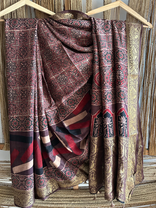 CHIKOO BROWN DOLA  SILK AJRAKH ZARI BORDER SARI