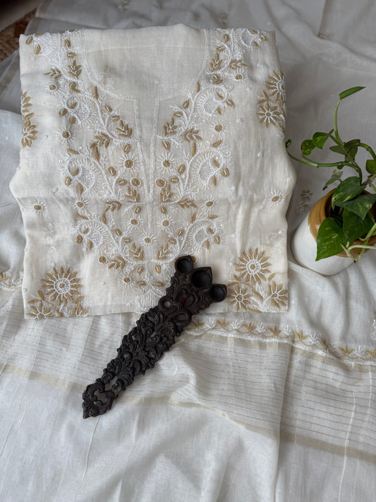WHITE EMBROIDERY PREMIUM MULL CHANDERI LUCKNOWI CHICKENKARI WITH MOTI WORK HAND EMBROIDERY THREE PIECE SUIT