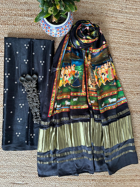 BLACK THREE DOT MASHRU SILK KURTA WITH PATOLA PRINTED MODAL SILK DUPATTAS  PS-15