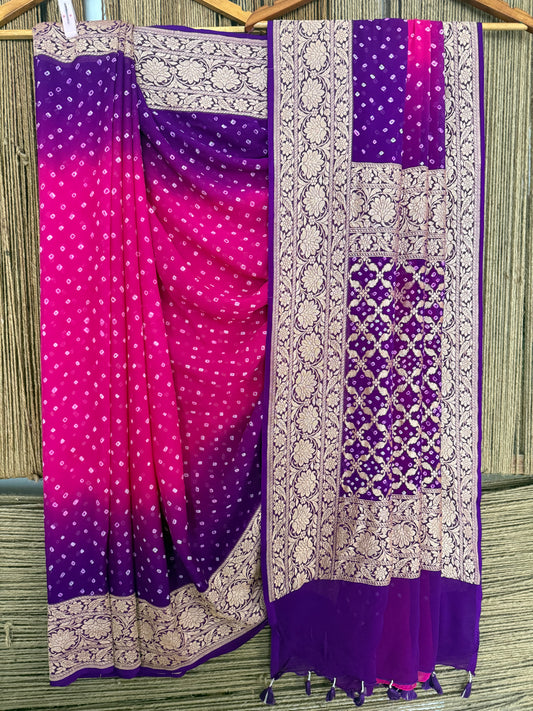 Purple & Deep pink  Ombré Shade Handwoven Neem Zari Bareek Bandhani Saree with Khaddi Georgette BS- 302