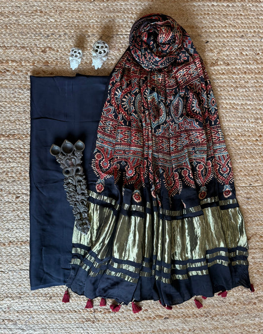 BLACK SOLID MODAL SILK KURTA WITH AJRAKH HANDBLOCK DUPATTA