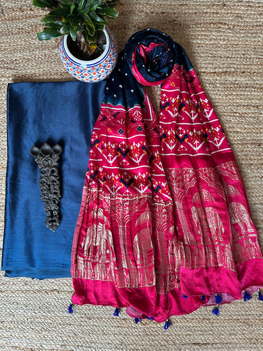 NAVY BLUE SILK KURTA WITH BANDHANI PATOLA HANDCRAFTED  MODAL SILK DUPATTAS
