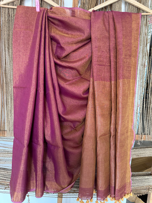 PURPLE PINK SILVER TISSUE LINEN ZARI SARI WITH WOVEN RED BORDER