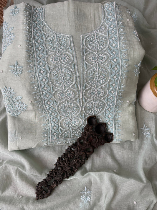LIGHT CELADON GREEN PREMIUM MULL CHANDERI LUCKNOWI CHICKENKARI WITH MOTI WORK HAND EMBROIDERY THREE PIECE SUIT