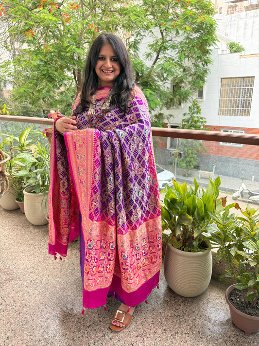 Purple and pink Ombré shade Handwoven Bareek Bandhani Meena kari Jaal  dupatta with pure Gajji silk kurta