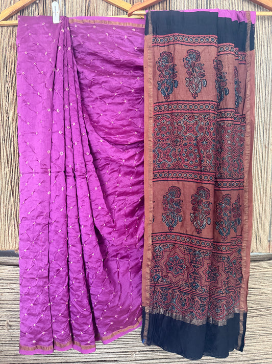 PURPLE CHANDERI SILK BANDHANI HANDCRAFTED AJRAKH SARI