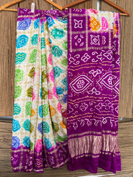 PURPLE & MULTI COLOUR GAJJI SILK GHARCHOLA RAI BANDHANI GAJJI SARI  BS- 2011