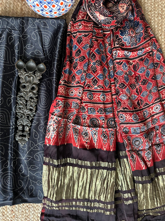 BLACK MASHRU SILK KURTA WITH AJRAKH HANDCRAFTED MODAL SILK DUPATTA MAK -1
