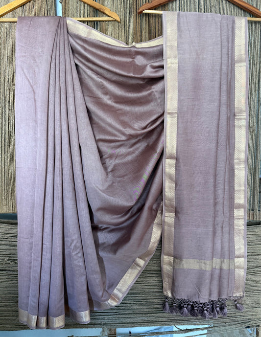 ROSY BROWN CHANDERI COTTON SILK MAHESHWARI BORDER HANDLOOM SARI