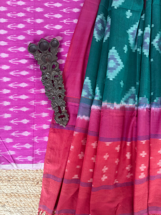BUBBLE GUM PINK MERCHANDISE COTTON HANWOVEN KURTA WITH IKKAT PURE COTTON SILK PATOLA HANDWOVEN DUPATTA