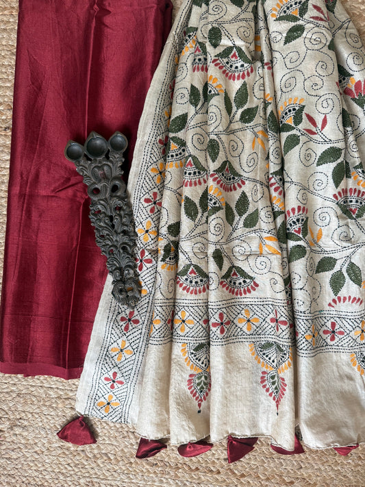 Maroon Solid mashru silk kurta with Natural Beige kantha work hand embroidery  Pure Tussar Silk dupatta