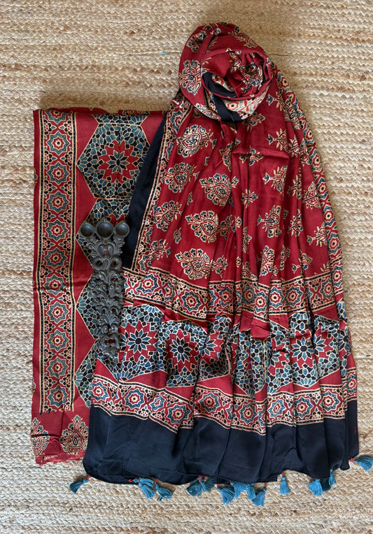 RED AJRAKH MODAL SILK HANDBLOCK KURTA SET