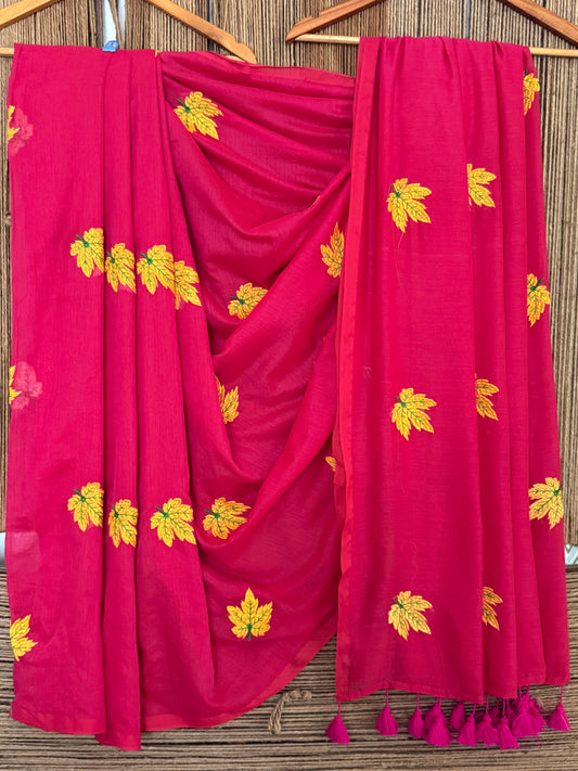 Carnation Pink  Mull embroidery handloom sari with tassels