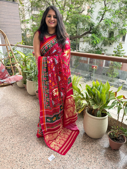 Pink modal silk patola sari with zari border pms-10134