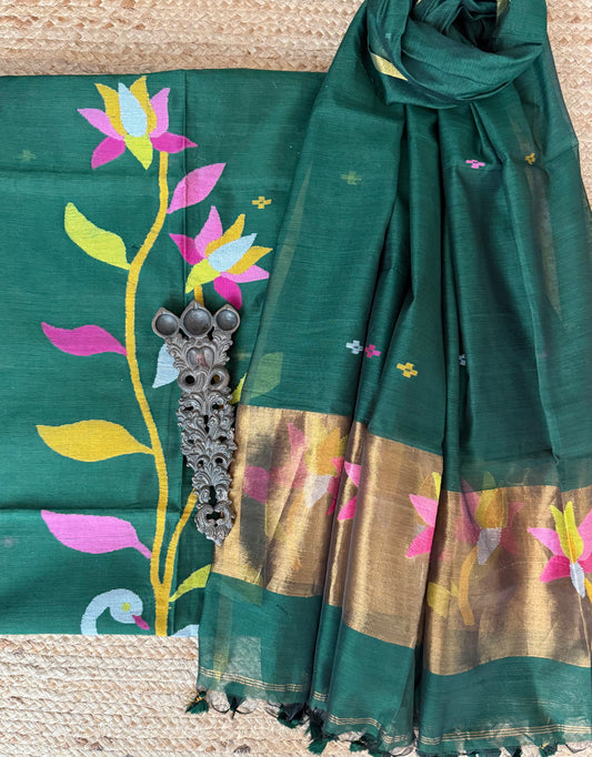 Forest Green handwoven jamdani pure cotton silk kurta set mjk