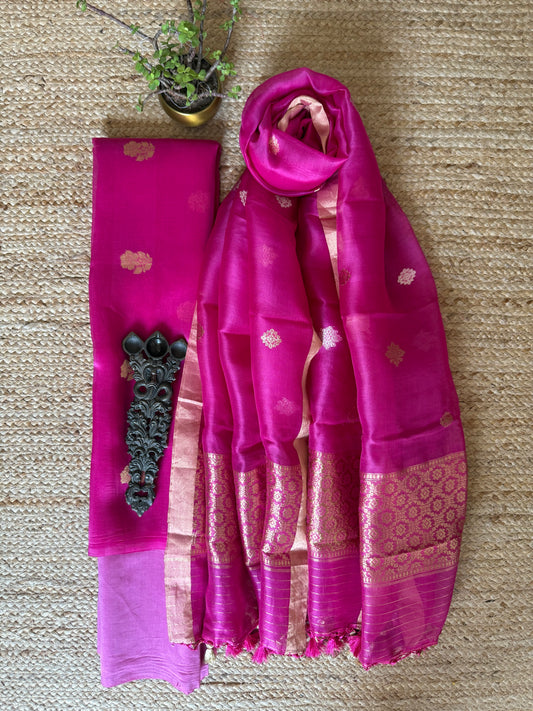Magenta pink Kora silk certified handloom Banarsi kadwa Booti three piece suit