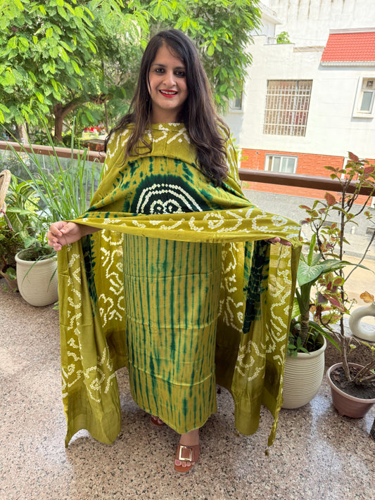 Olive Green Modal Silk Shibori Kurta with Bandhani Shibori  handcrafted Modal Silk Dupatta