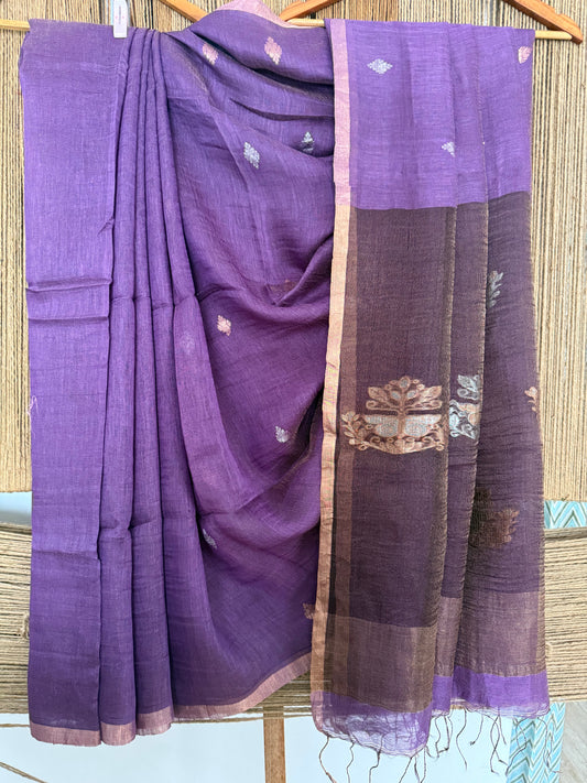 ROYAL PURPLE COPPER TISSUE LINEN JAMDANI HANDWOVEN SARI WITH ELEGANT WOVEN MOTIFS