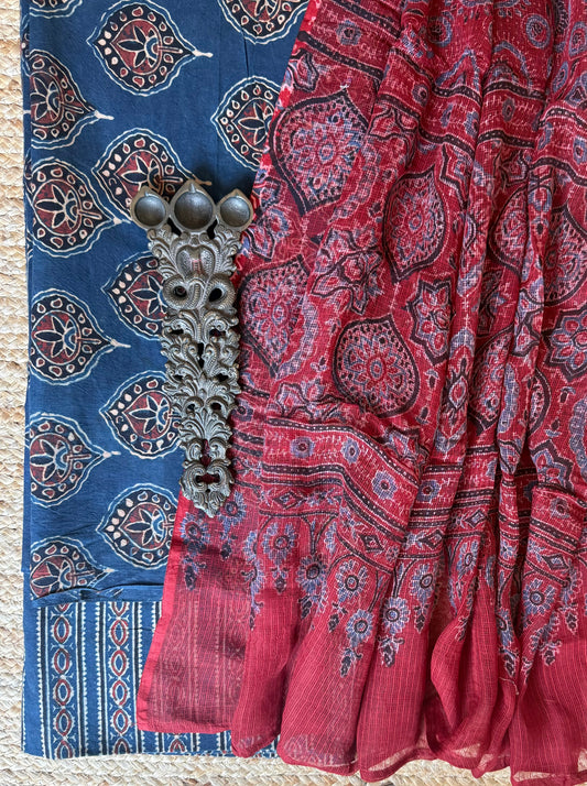 INDIGO BLUE AJRAKH HANDBLOCK COTTON KURTA WITH KOTA DUPATTA THREE PIECE SUIT SET